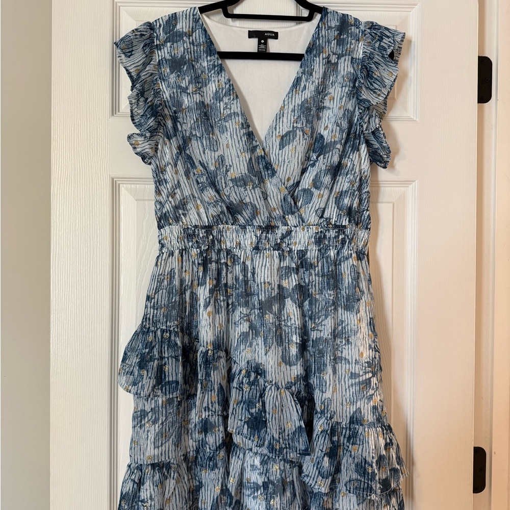 Aqua Blue Floral Ruffle Midi Dress